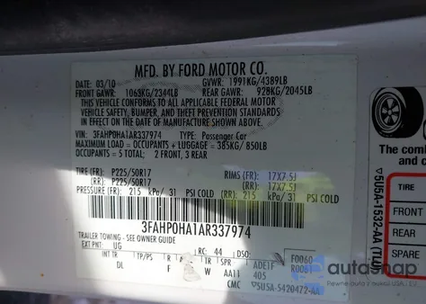 2010 Ford Fusion Se from USA, damaged, VIN 3FAHP0HA1AR337974
